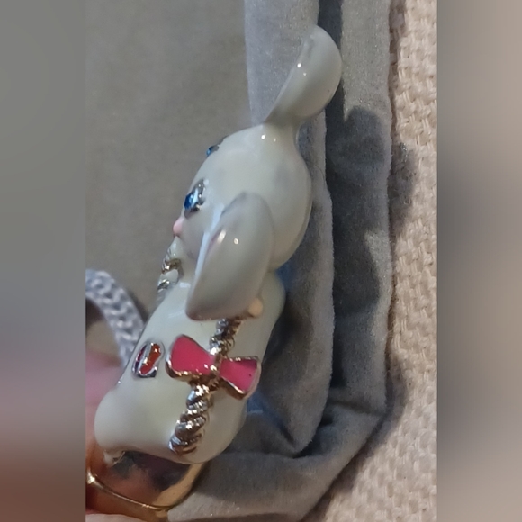 NWOT White Pink Ceramic Golden Rhinestone Mouse Heart Stretchy Fashion Ring - Picture 9 of 11